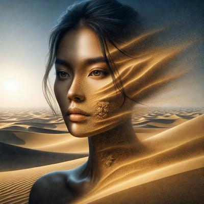 The primary subject of the image is a woman with a unique appearance, possibly a painting or digital art. She is standing in a desert-like environment, with sand and a sunset in the background. The visual style of the image is artistic, and the colors and mood convey a sense of mystery and intrigue.